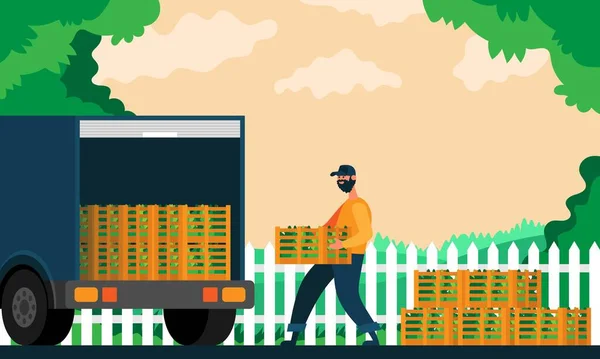 L'agricoltore carica scatole di piante in un camion. Illustrazione colore . — Vettoriale Stock