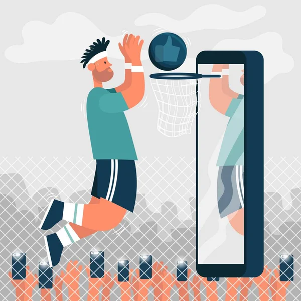 Een basketbalspeler gooit een bal in de ring en iedereen neemt foto 's van hem. Cartoon icoon. — Stockvector