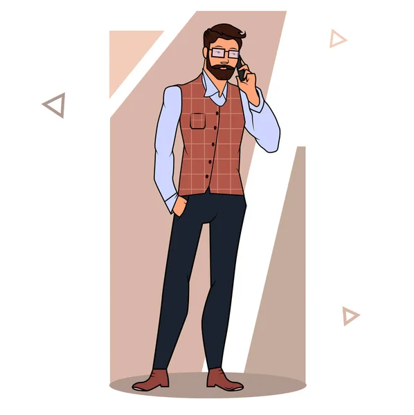 Liikemies seisoo ja puhuu puhelimessa. Värivektorin kuvitus — vektorikuva