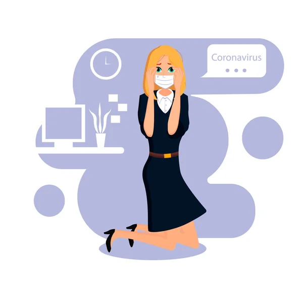 Upset businesswoman in mask kneeling on office. Color vector illustration — Stock Vector