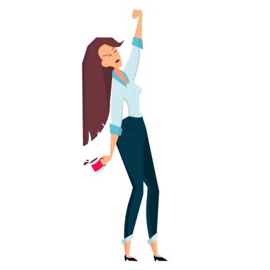 İş adamı kadın elinde bir fincan kahve tutuyor ve esniyor. Renk vektörü illüstrasyonu