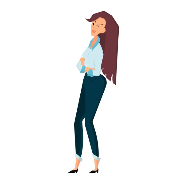 Stehende Geschäftsfrau verschränkte die Arme und zwinkerte. Farbe flache Vektor Cartoon-Illustration — Stockvektor