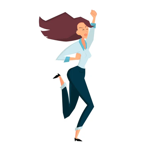 Mujer de negocios alegre saltando en la sala de oficina. Ilustración vectorial plana a color — Vector de stock