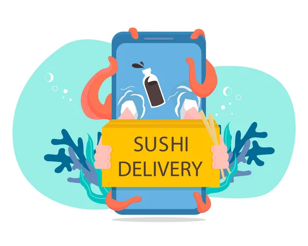 Concepto de entrega en línea. Teléfono, caja con sushi, pulpo. Ilustración plana — Vector de stock