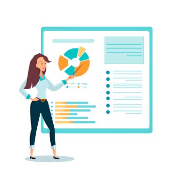 Ofiste tabloda sunum yapan bir kadın. Renkli düz çizgi film vektör simgesi.