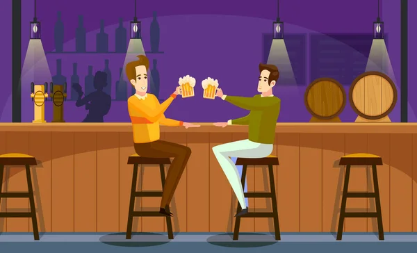 两个朋友在酒吧里碰碰玻璃杯啤酒.平面卡通矢量彩色图标. — 图库矢量图片