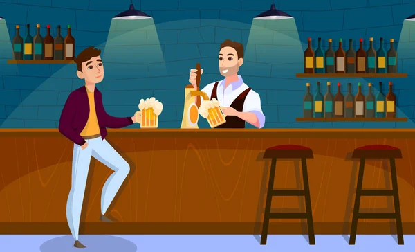 Le barman verse un verre de bière à un homme. Icône de couleur vectorielle dessin animé plat — Image vectorielle
