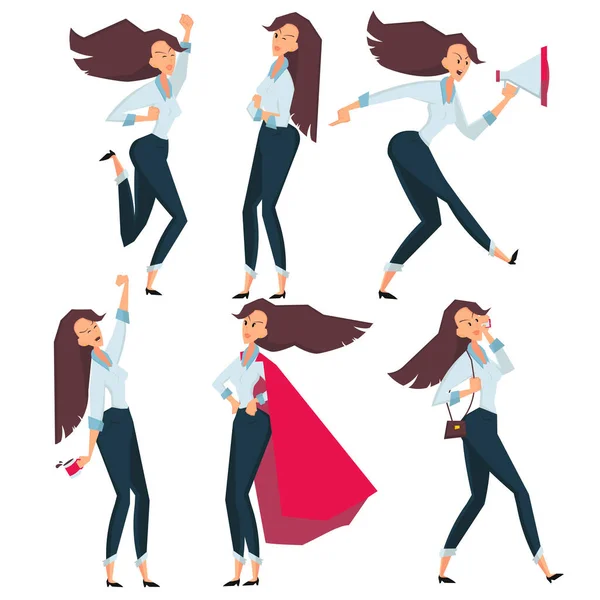 Conjunto de poses de mujer de negocios de pie con diferentes emociones y expresiones . — Vector de stock