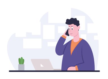 İş adamı telefonda konuşuyordu. Renk vektörü illüstrasyonu