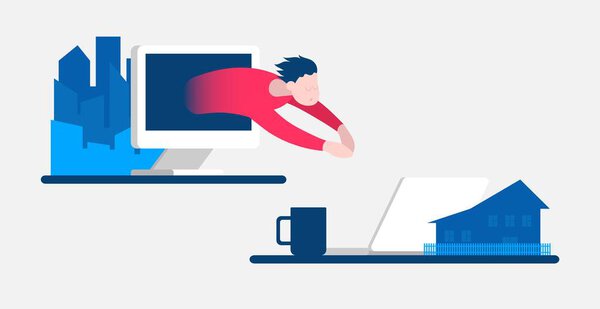 Two different workplace freelancer developer with a monitor, laptop and cup. — Stock Vector