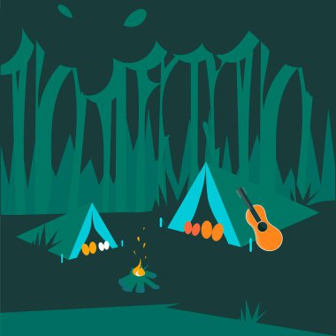 Ormanda aile pikniği. Çizgi film vektör illüstrasyonu