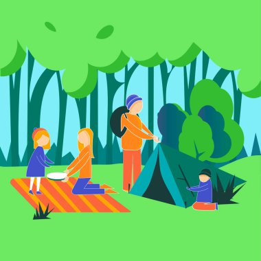 Ormanda kamp yapmak. Çizgi film vektör illüstrasyonu