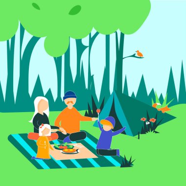 Ormanda kamp yapmak. Çizgi film vektörü düz illüstrasyon