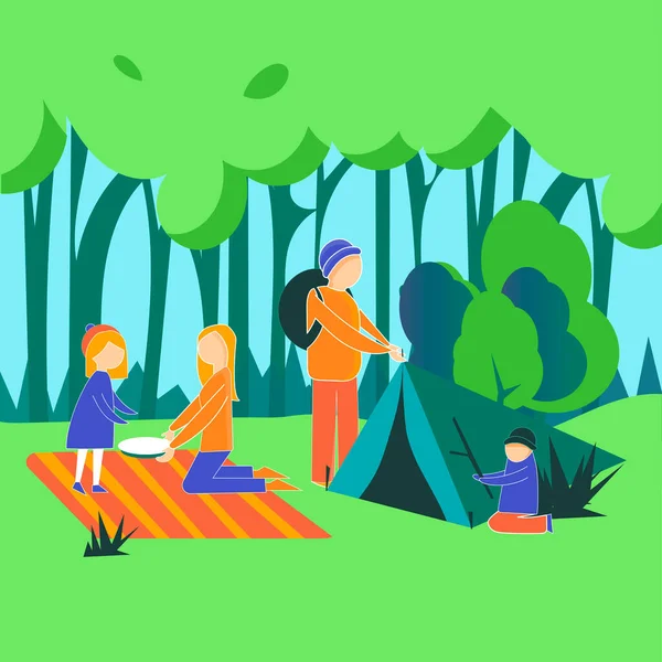 Camping en Forest. Dibujos animados vector ilustración — Vector de stock