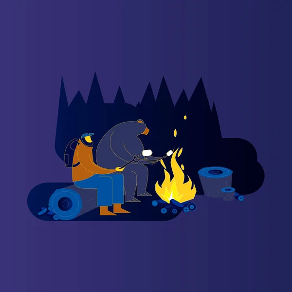 Turista e urso grelhar marshmallow na fogueira. Desenhos animados ilustração vetorial —  Vetores de Stock
