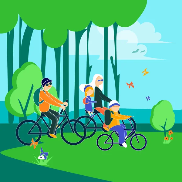Family riding bicycles with backpacks in forest. Cartoon vector illustration — Stock Vector