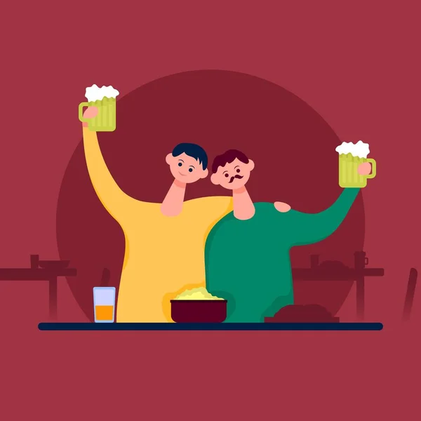 Δύο φίλοι αγκάλιασαν και μεγάλωσαν ποτήρια με μπύρα. Επίπεδο εικονίδιο διανυσματικού χρώματος κινουμένων σχεδίων — Διανυσματικό Αρχείο