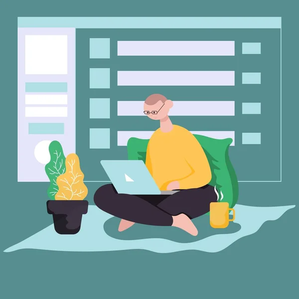 La freelance est assise à la maison avec un ordinateur portable et un café. Icône plate . — Image vectorielle