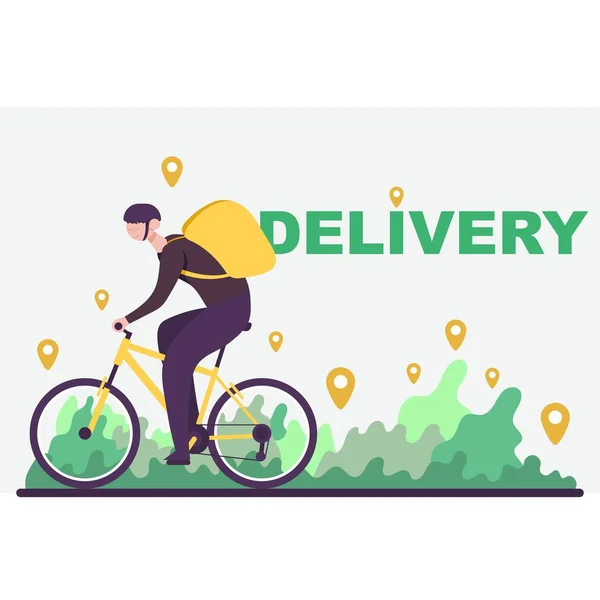 Courier con una mochila monta una bicicleta para entregar el paquete. Vector plano . — Vector de stock