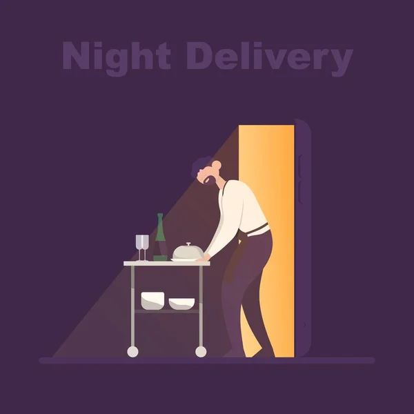 El repartidor saca comida y bebida en la ciudad nocturna. Icono de color plano vector de dibujos animados . — Vector de stock