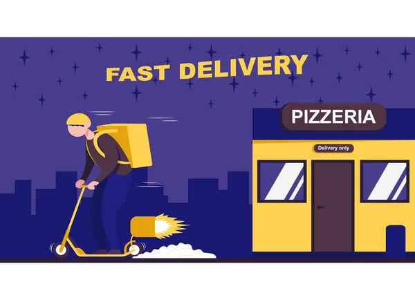 Mensajero en un scooter entrega un paquete de una pizzería — Vector de stock