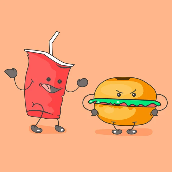 Ikona fast foodów. Uśmiechnij się cola i zły hamburger. — Wektor stockowy