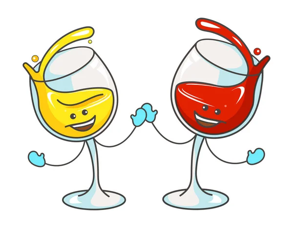 Copa con vino tinto y blanco. Vector plano icono de color de dibujos animados con emociones — Vector de stock