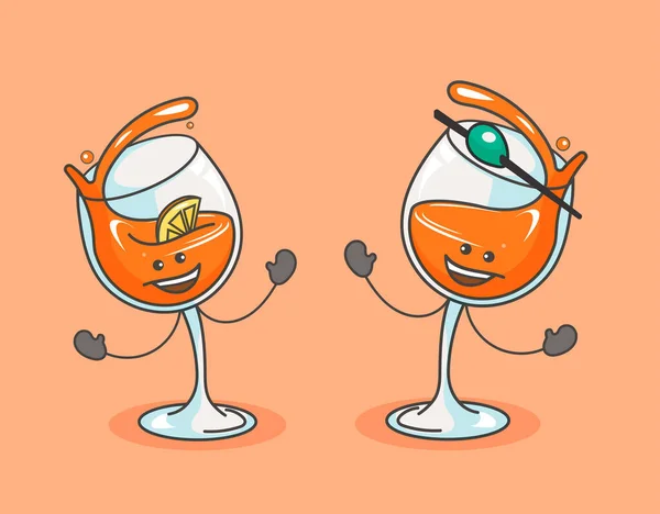 Conjunto de cócteles de vidrio con alcohol. Vector plano icono de color de dibujos animados con emociones . — Vector de stock
