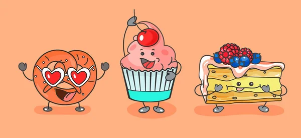 Cupcake, pretzel, tårtbit. Vektor platt tecknad färg illustration. — Stock vektor