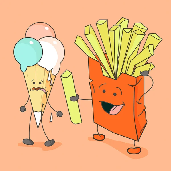 Icono de comida rápida. Trágico helado y caja de la sonrisa con patatas fritas . — Vector de stock