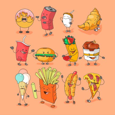 Duyguları olan fast food ikonu yap. Vektör rengi