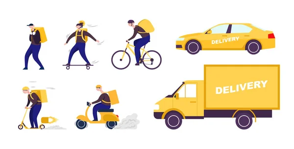 Establecer el transporte de envío de entrega con mensajero. Vector plano icono de dibujos animados de color — Vector de stock