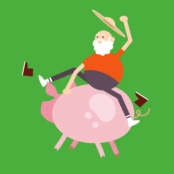 Yaşlı çiftçi bir domuza biner. Renk vektörü düz çizgi film simgesi yeşil üzerinde izole — Stok Vektör
