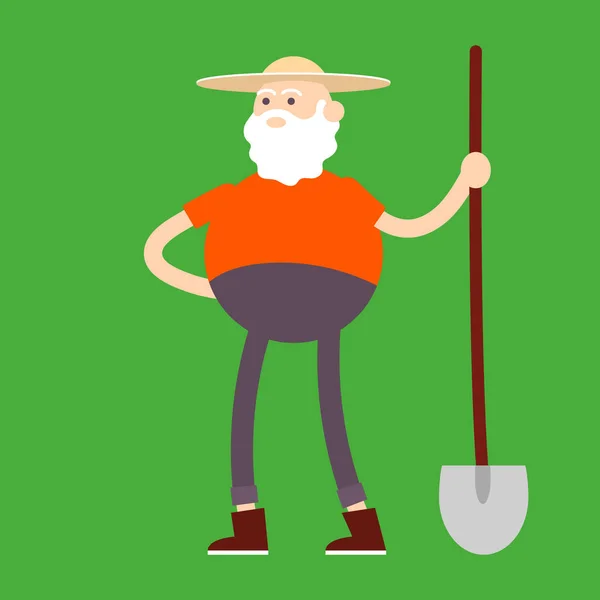 Old farmer holding shovel. Color vector flat cartoon icon isolated on green — Stock Vector