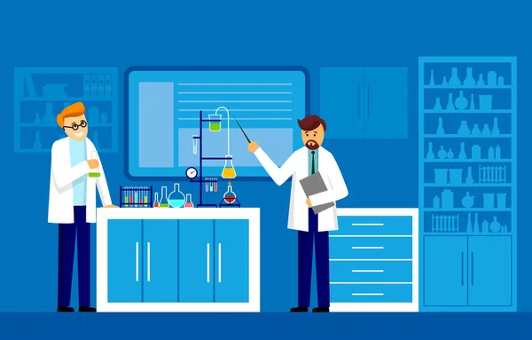 Ilustración de científicos dos hombres trabajando en el laboratorio de ciencias — Vector de stock