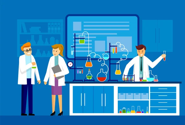 Ilustração de cientistas dois homens e mulheres no laboratório de ciências —  Vetores de Stock