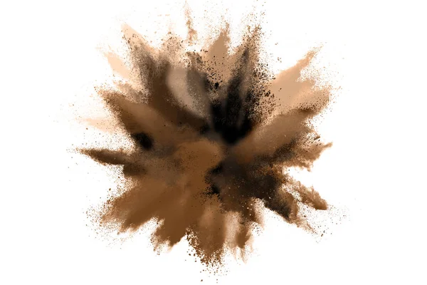 白色の背景に単離された褐色粉末粒子スプラッシュの閉鎖 — ストック写真