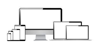 Gerçekçi monitör seti, dizüstü bilgisayar, tablet, telefon beyaz arkaplan