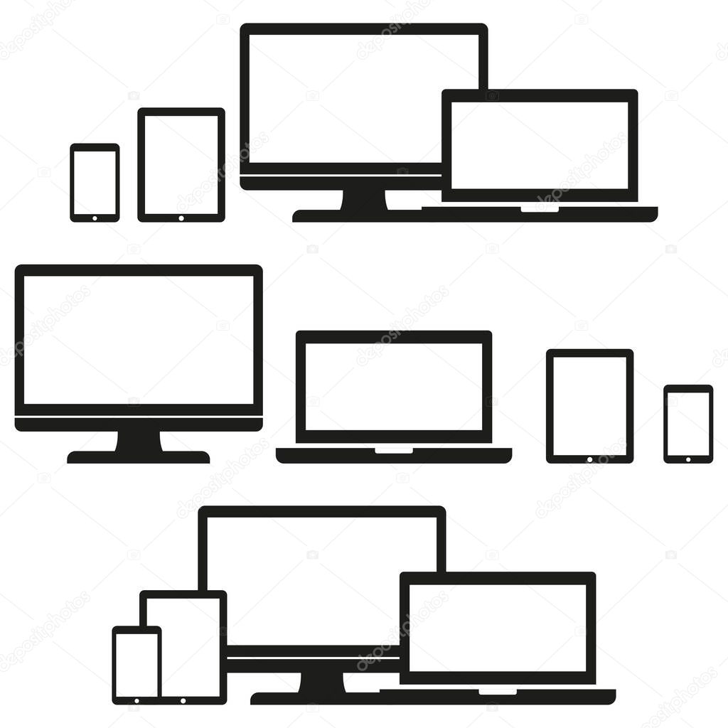 Set of flat monitor, laptop, tablet, phone on a white background