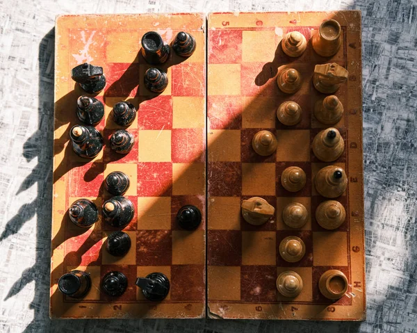 Old Chess Black White Pieces Hard Light Top View — Stock Photo, Image