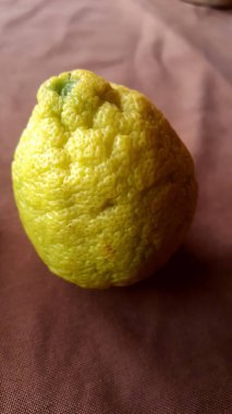 Kahverengi arka planda yeşil bir limon