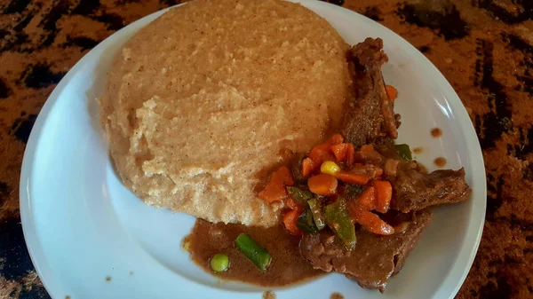 Slap Pap Melon Sorghum Beef Meat Botswana Staple Food — Stock Photo, Image