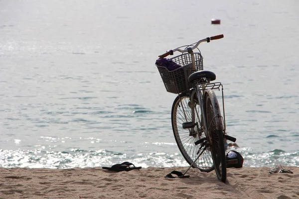 Old Bicycle Staying Sea Beach Flip Flops — Stock Photo, Image