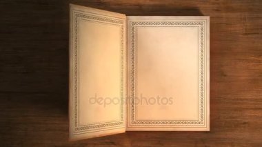 Masanın üzerinde yatan süsler ile deri kaplı kitap. Kitap sayfaları çevirme ile açılıyor. Geçiş için dostum içerir.