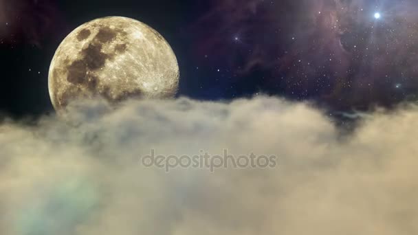 Volando Sobre Las Nubes Luna Llena Las Estrellas Las Nubes — Vídeo de stock