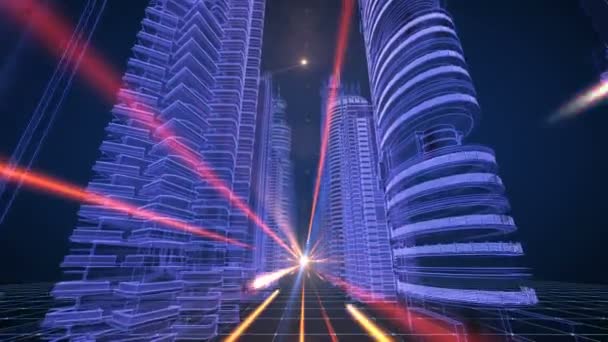Staden Skyskrapor Och Digitala Nätverk Futuristiska Letar Finansdistrikt Virtuella Dataströmmar — Stockvideo
