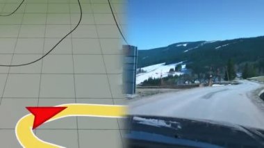 Virajlı dağ yolda gerçek Araba yolundan bir Gps ekranın bir animasyon. Hızlı ve dinamik. Tüm görünür kısıtlı isimler, telefon numaraları, marka isimleri, izleniyor ve bulanık