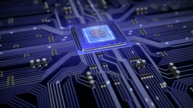 Elektronlar hareketli devre kartı. Cpu veri işleme. Fütüristik teknolojik altyapı.
