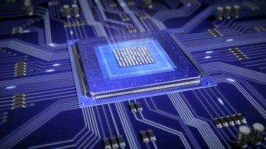 Elektronlar hareketli devre kartı. Cpu veri işleme. Fütüristik teknolojik altyapı.