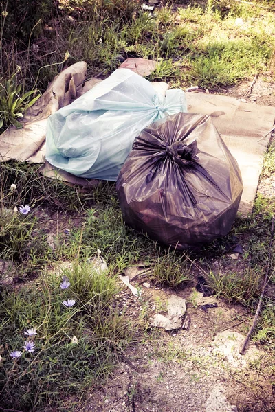 Olaglig dumpning i naturen; soppåsar kvar i naturen - — Stockfoto